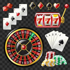 Set of casino objects - modern vector realistic isolated clip art on transparent background. game cards, 777 slot, roulette, suits, dices, poker chips, black royal straight flush. gambling concept | Premium Vector